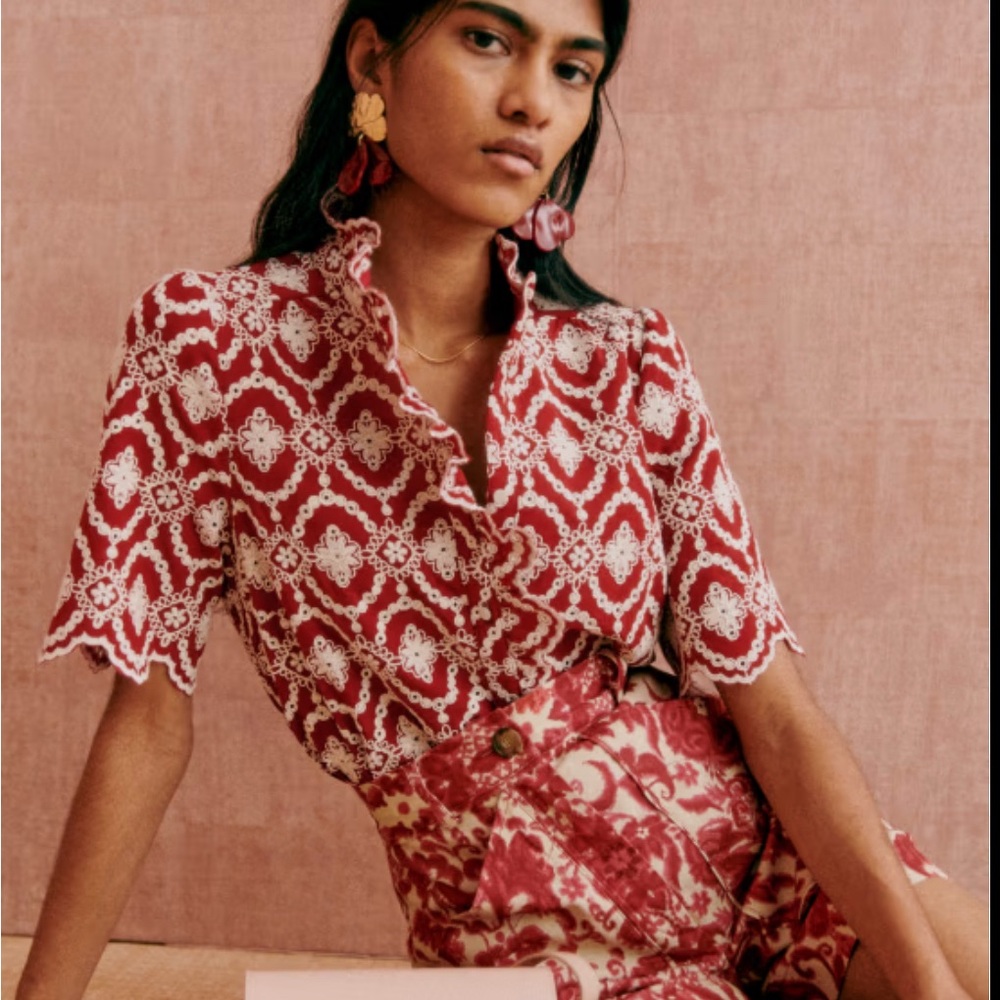 Sezane Dahlia Red and White Embroidered Blouse FR 38 US 6 NWOT